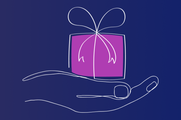 Illustratie van hand die klein paars cadeautje vasthoudt