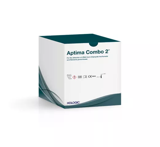 Afbeelding van doos Aptima Combo 2® assay (voor CT/NG) op witte achtergrond