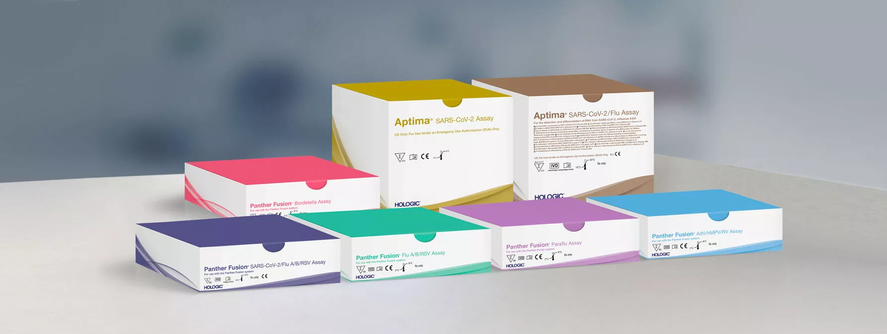 Multiple assay boxes in lab background